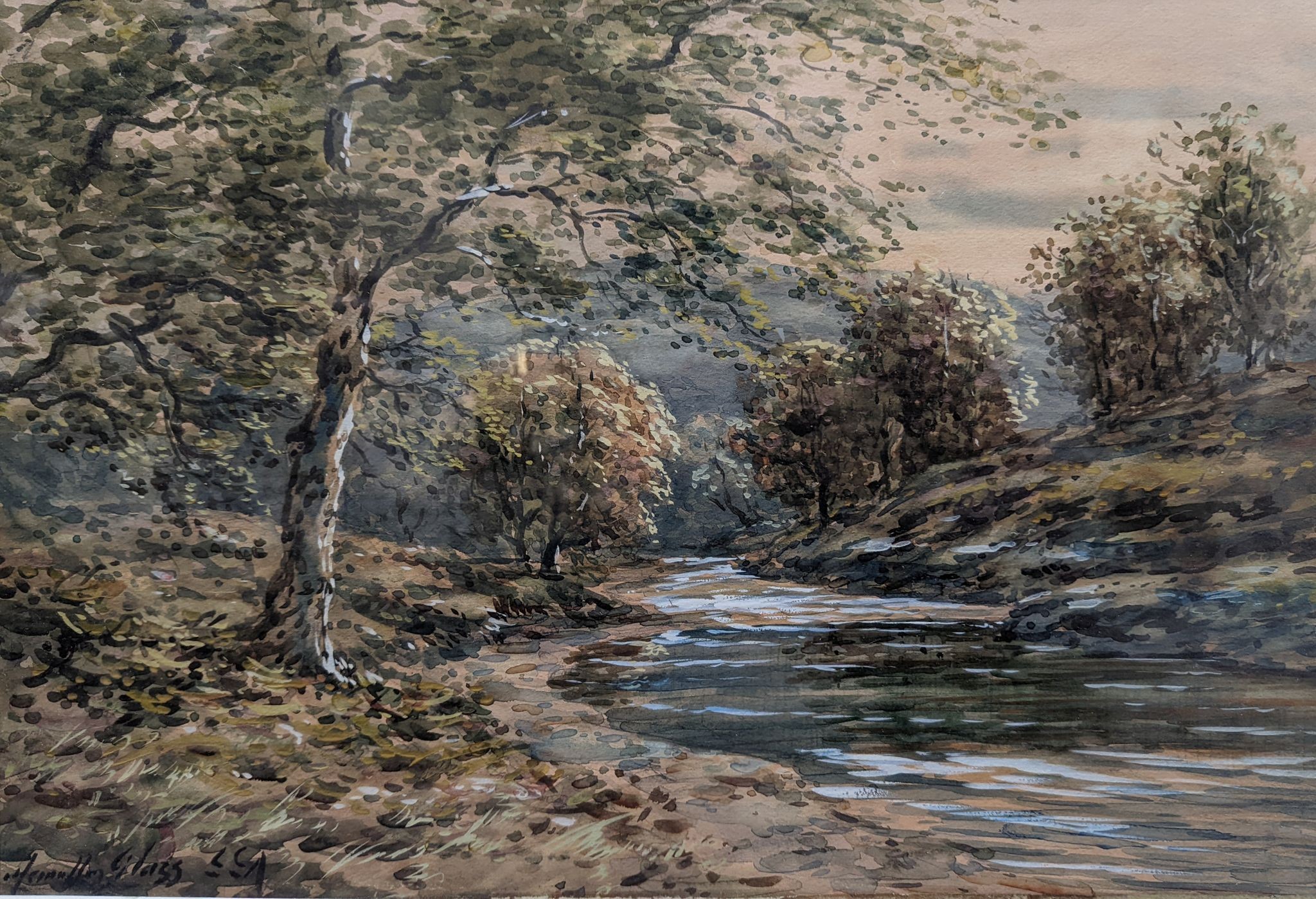 John Hamilton Glass (1890-1925), watercolour, River landscape, signed, 34 x 49cm